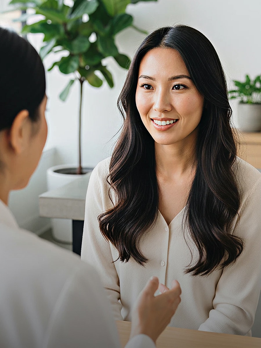 Woman smiling during a conversation with another person.