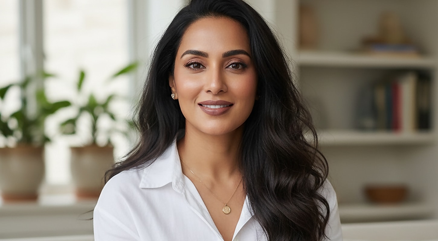 Woman smiling in a bright, indoor setting.